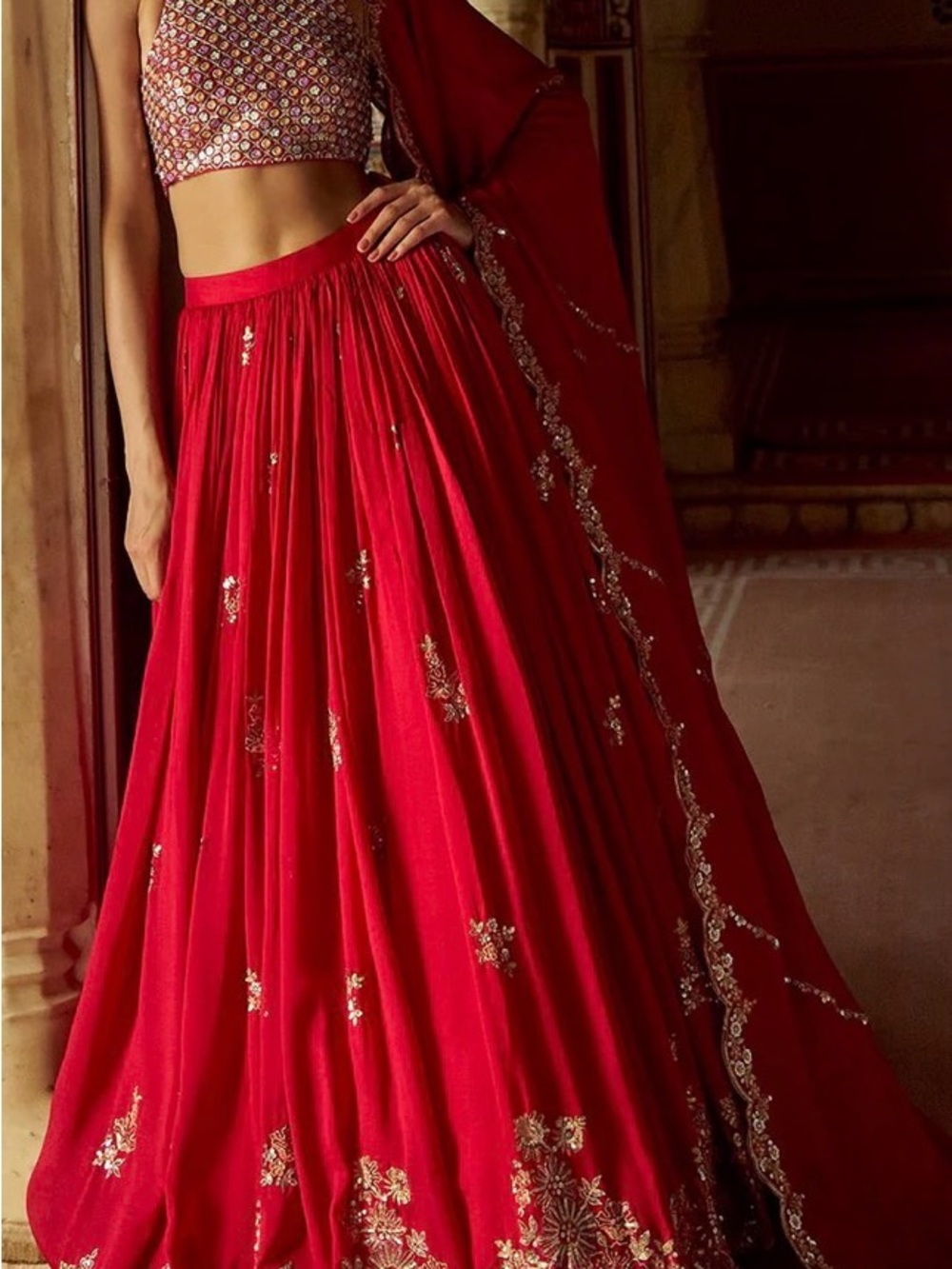 Red Embroidered Silk Lehenga, Lashkaraa NEW (Never Worn)